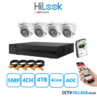 HiLook 5MP CCTV System 4 Channel DVR-204Q-M1 with 4 Turret Cameras THC-T159-MS White 4TB HDD Full Kit