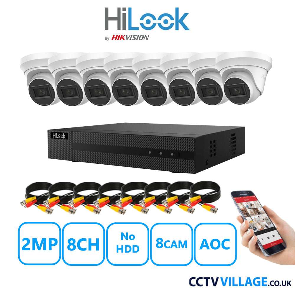 HiLook 2MP CCTV Kit 8 Channel DVR-208G-K1 with 8 Turret Cameras THC-T220-MS White No HDD Full Kit