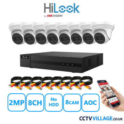 HiLook 2MP CCTV System 8 Channel DVR-208G-K1 with 8 Turret Cameras THC-T220-MS White No HDD Full Kit