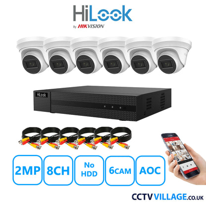 HiLook 2MP CCTV System 8 Channel DVR-208G-K1 with 6 Turret Cameras THC-T220-MS White No HDD Full Kit