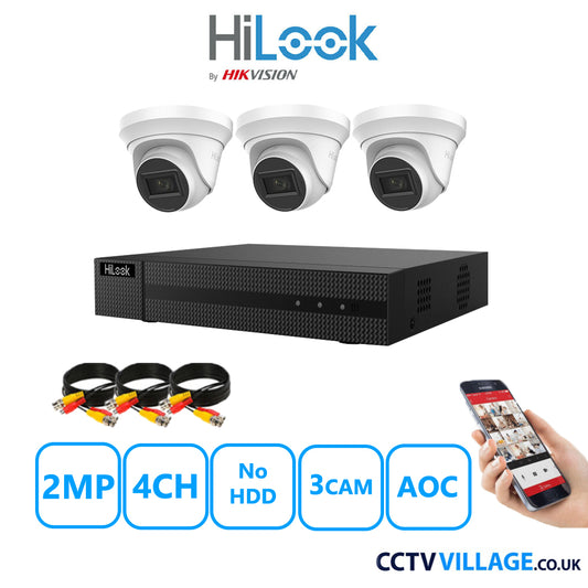 HiLook 2MP CCTV Kit 4 Channel DVR-204G-K1 with 3 Turret Cameras THC-T220-MS White No HDD Full Kit