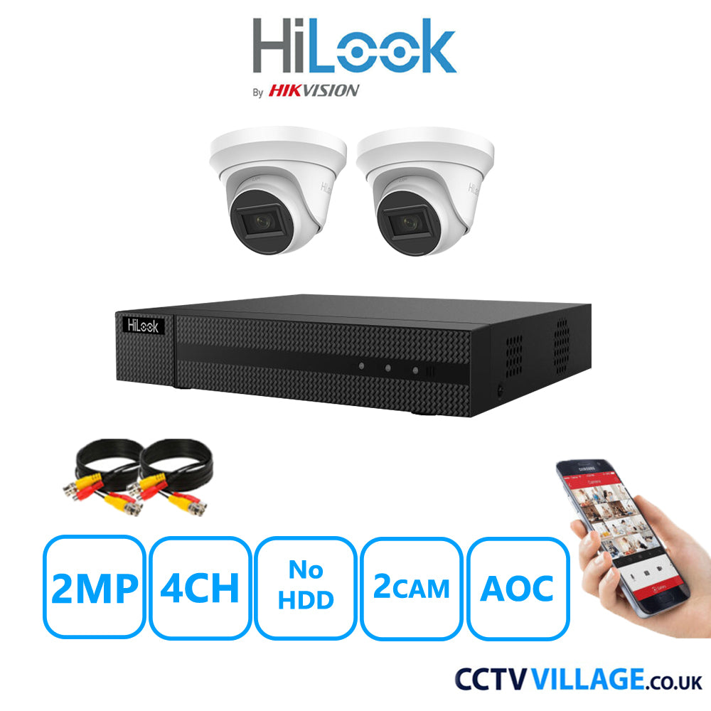 HiLook 2MP CCTV Kit 4 Channel DVR-204G-K1 with2 Turret Cameras THC-T220-MS White No HDD Full Kit