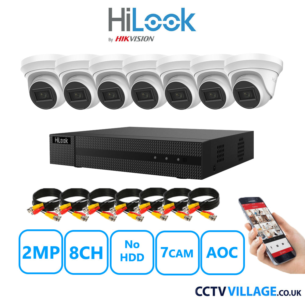 HiLook 2MP CCTV Kit 8 Channel DVR-208G-K1 with 7 Turret Cameras THC-T220-MS White No HDD Full Kit