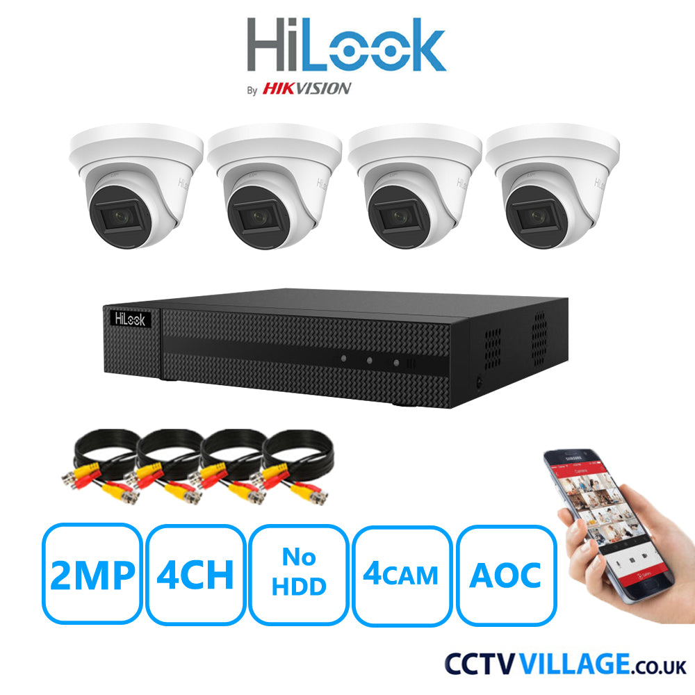 HiLook 2MP CCTV Kit 4 Channel DVR-204G-K1 with 4 Turret Cameras THC-T220-MS White No HDD Full Kit