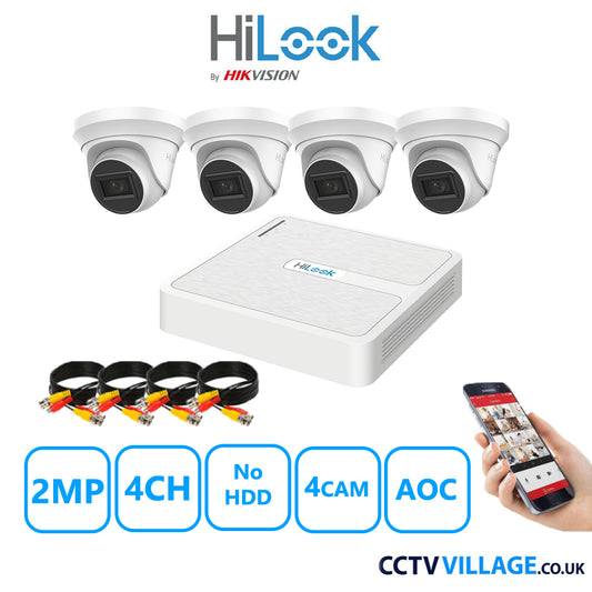 HiLook 2MP CCTV System 4 Channel DVR-104G-K1 with 4 Turret Cameras THC-T220-MS White No HDD Full Kit