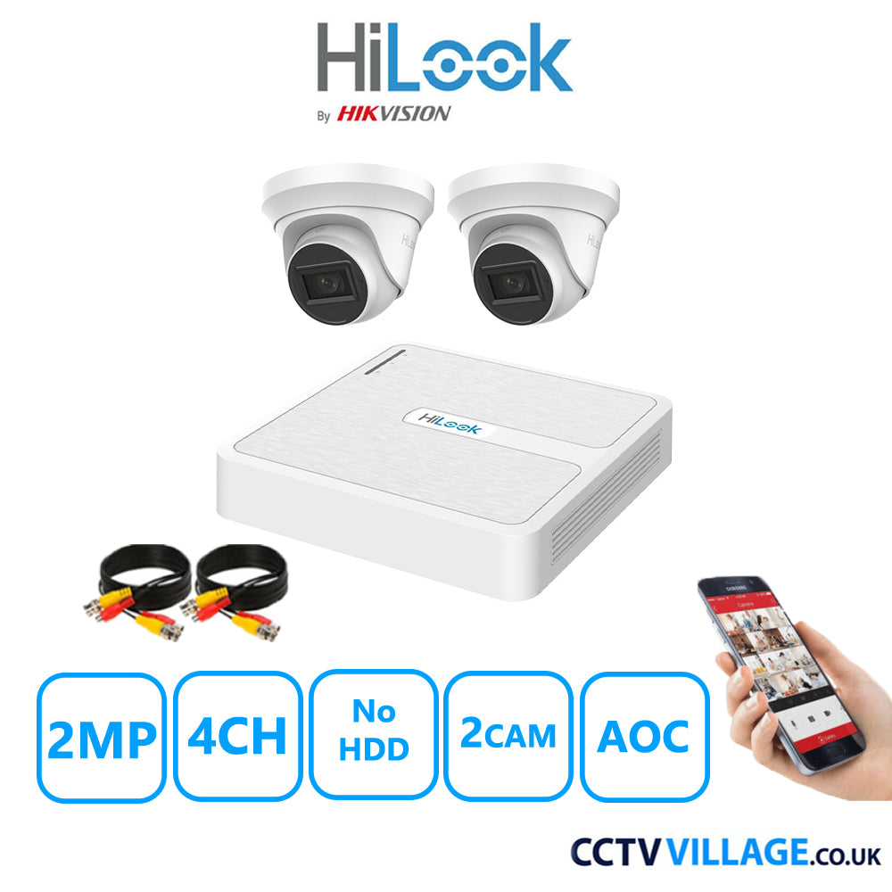 HiLook 2MP CCTV Kit 4 Channel DVR-1047G-K1 with 2 Turret Cameras THC-T220-MS White No HDD Full Kit