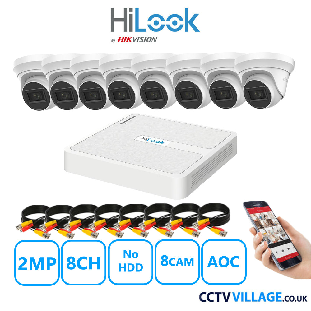 HiLook 2MP CCTV Kit 8 Channel DVR-108G-K1 with 8 Turret Cameras THC-T220-MS White NO HDD Full Kit