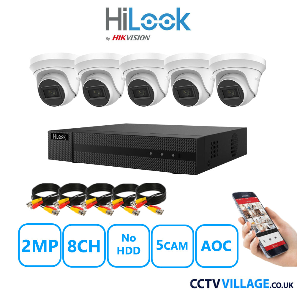 HiLook 2MP CCTV Kit 8 Channel DVR-208G-K1 with 5 Turret Cameras THC-T220-MS White No HDD Full Kit