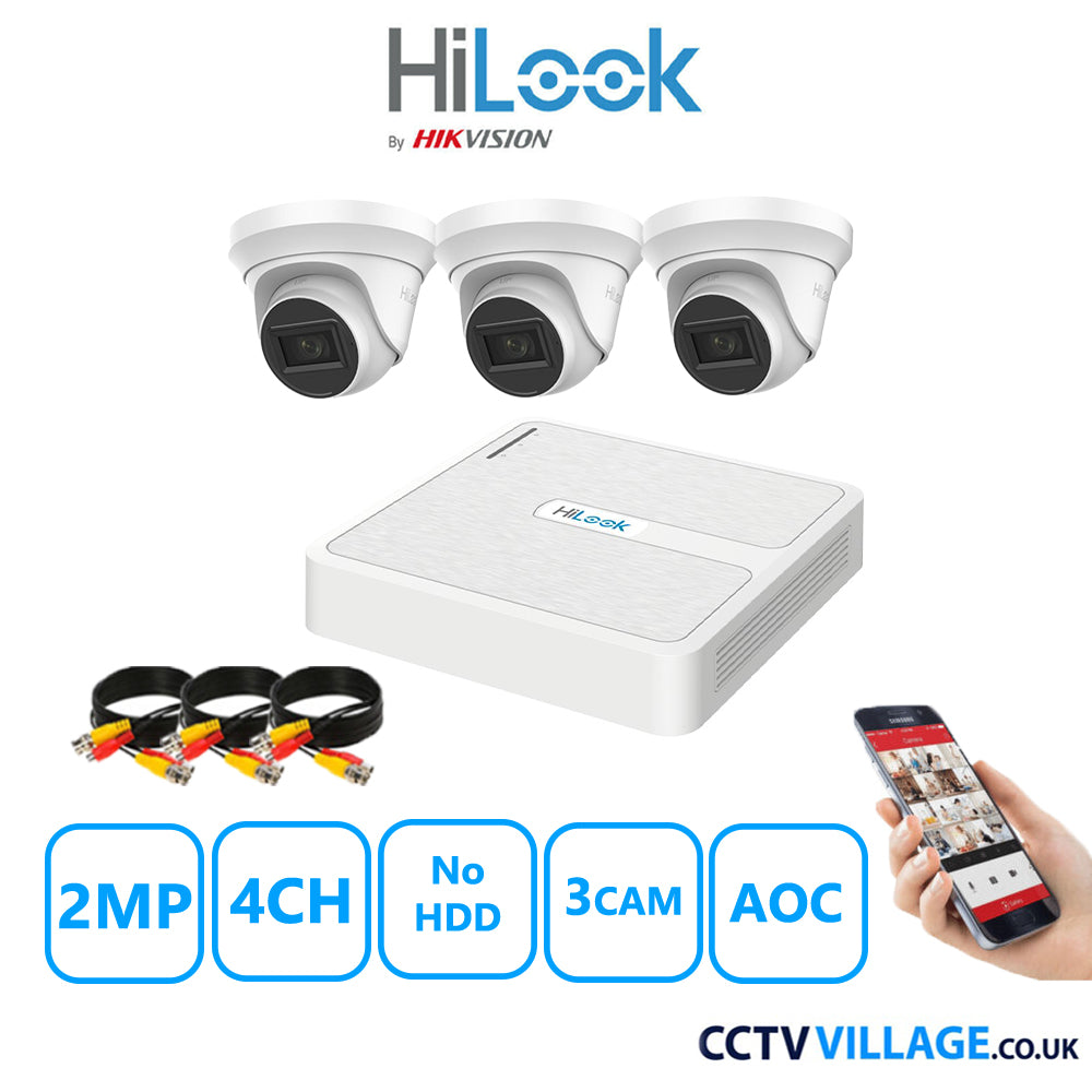 HiLook 2MP CCTV Kit 4 Channel DVR-104G-K1 with 3 Turret Cameras THC-T220-MS White No HDD Full Kit