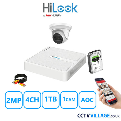 HiLook 2MP CCTV System 4 Channel DVR-104G-k1 with 1 Turret Camera THC-T220-MS White 1TB HDD Full Kit