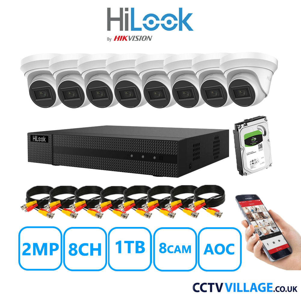 HiLook 2MP CCTV Kit 8 Channel DVR-208G-K1 with 8 Turret Cameras THC-T220-MS White 1TB HDD Full Kit