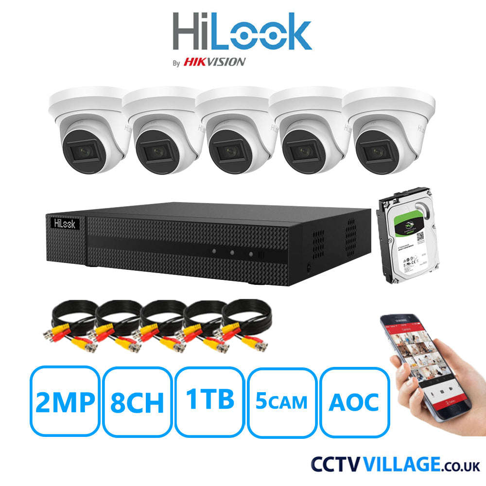 HiLook 2MP CCTV Kit 8 Channel DVR-208G-K1 with 5 Turret Cameras THC-T220-MS White 1TB HDD Full Kit