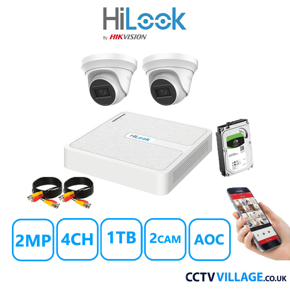 HiLook 2MP CCTV Kit 4 Channel DVR-104G-K1 with 2 Turret Cameras THC-T220-MS White 1TB HDD Full Kit