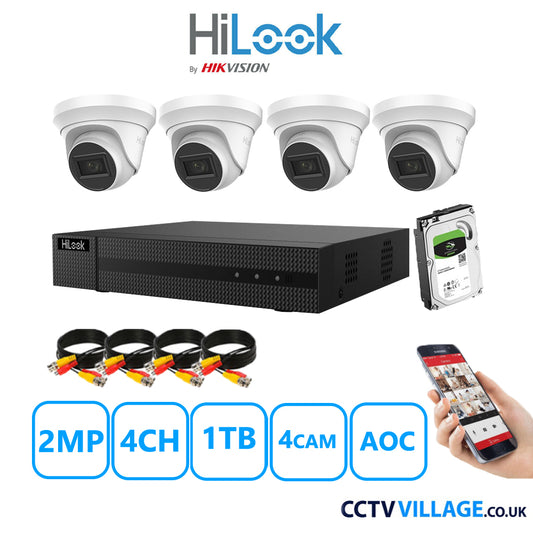 HiLook 2MP CCTV System 4 Channel DVR-204G-K1 with 4 Turret Cameras THC-T220-MS White 1TB HDD Full Kit