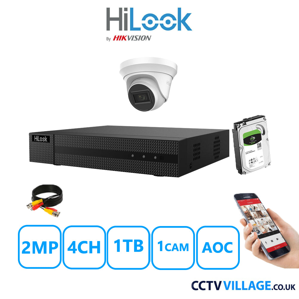 HiLook 2MP CCTV Kit 4 Channel DVR-204G-K1 with 1 Turret Camera THC-T220-MS White 1TB HDD Full Kit