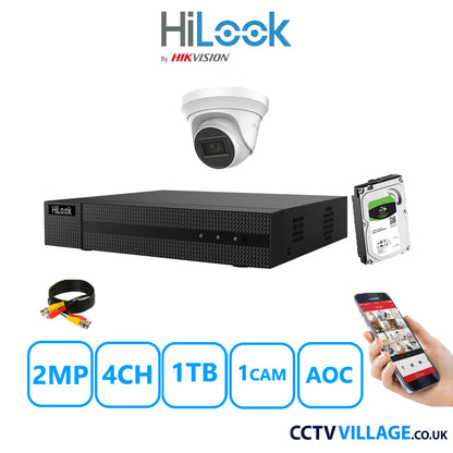 HiLook 2MP CCTV System 4 Channel DVR-204G-K1 with 1 Turret Camera THC-T220-MS White 1TB HDD Full Kit