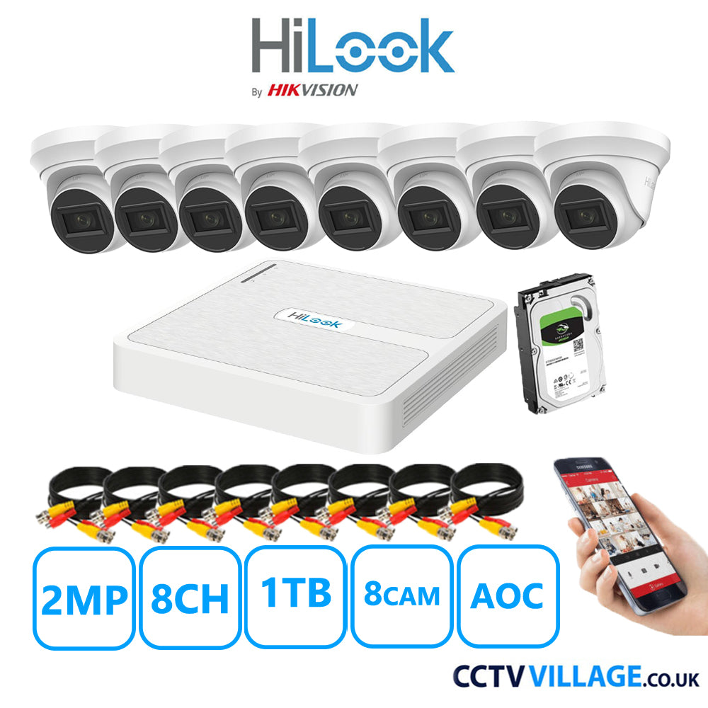 HiLook 2MP CCTV Kit 8 Channel DVR-108G-K1 with 8 Turret Cameras THC-T220-MS White 1TB HDD Full Kit