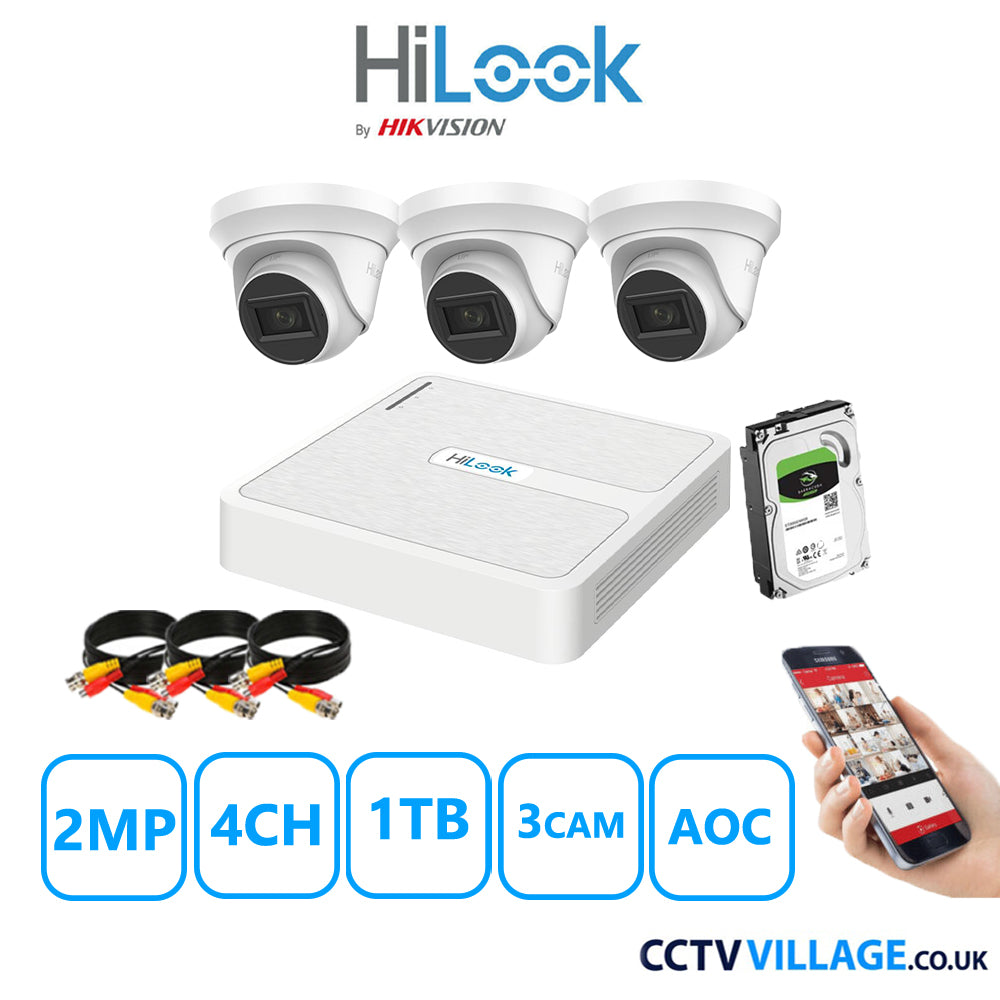 HiLook 2MP CCTV Kit 4 Channel DVR-104G-K1 with 3 Turret Cameras THC-T220-MS White 1TB HDD Full Kit