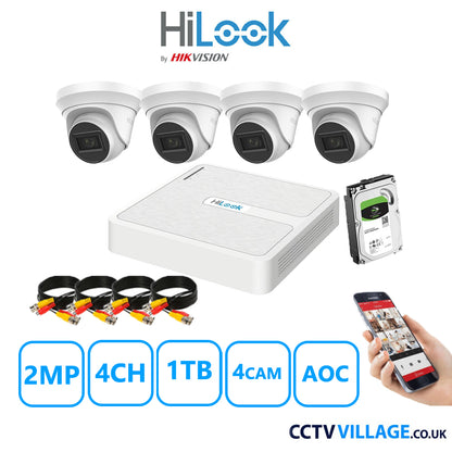 HiLook 2MP CCTV System 4 Channel DVR-104G-K1 with 4 Turret Cameras THC-T220-MS White 1TB HDD Full Kit