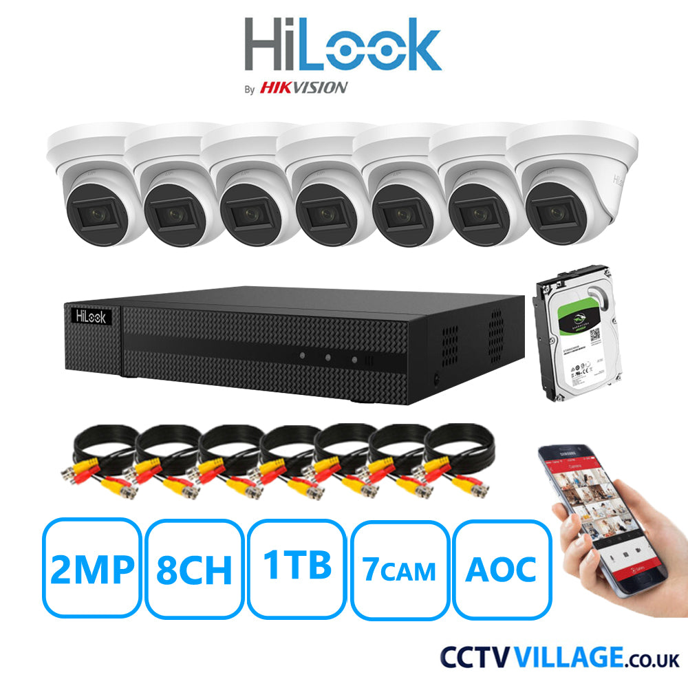 HiLook 2MP CCTV Kit 8 Channel DVR-208G-K1 with 7 Turret Cameras THC-T220-MS White 1TB HDD Full Kit