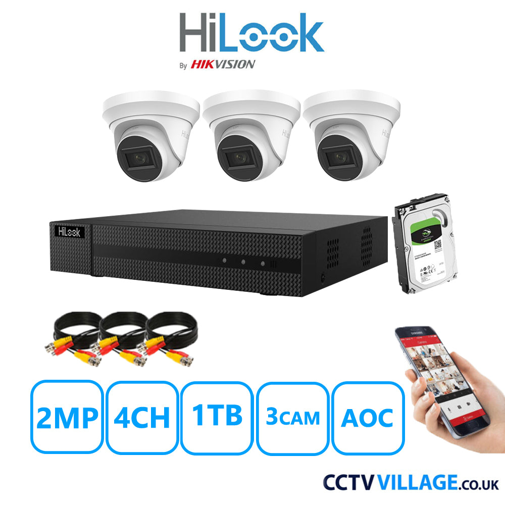 HiLook 2MP CCTV Kit 4 Channel DVR-204G-K1 with 3 Turret Cameras THC-T220-MS White 1TB HDD Full Kit