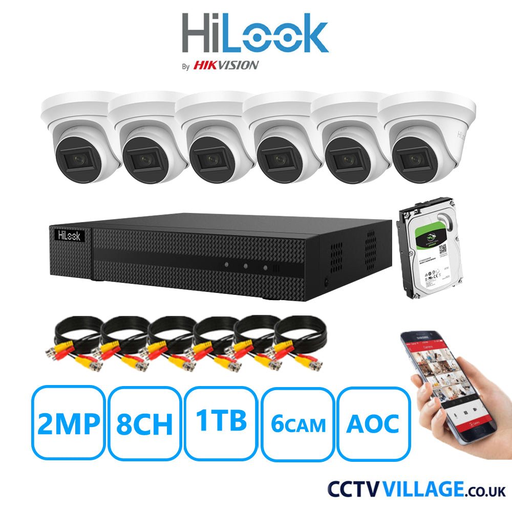 HiLook 2MP CCTV Kit 8 Channel DVR-208G-K1 with 6 Turret Cameras THC-T220-MS White 1TB HDD Full Kit