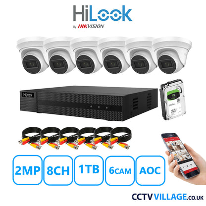 HiLook 2MP CCTV System 8 Channel DVR-208G-K1 with 6 Turret Cameras THC-T220-MS White 1TB HDD Full Kit