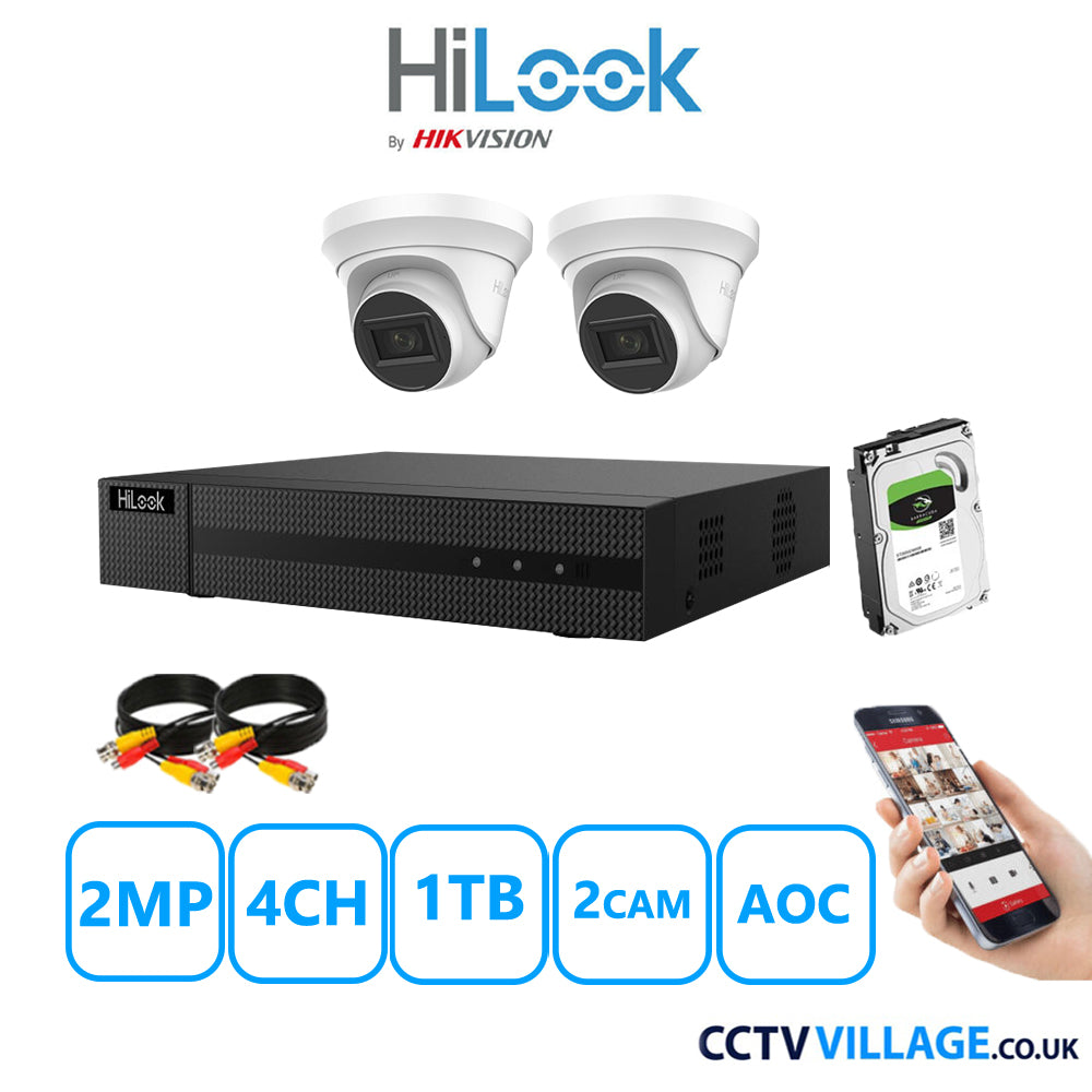 HiLook 2MP CCTV Kit 4 Channel DVR-204G-K1 with 2 Turret Cameras THC-T220-MS White 1TB HDD Full Kit