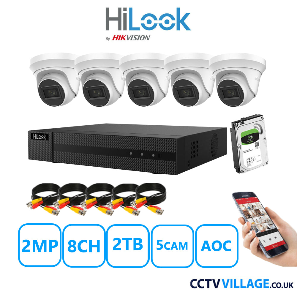 HiLook 2MP CCTV Kit 8 Channel DVR-208G-K1 with 5 Turret Cameras THC-T220-MS White 2TB HDD Full Kit