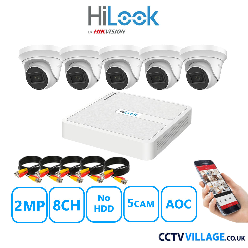 HiLook 2MP CCTV Kit 8 Channel DVR-108G-K1 with 5 Turret Cameras THC-T220-MS White NO HDD Full Kit