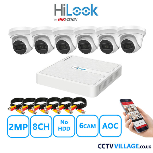 HiLook 2MP CCTV Kit 8 Channel DVR-108G-K1 with 6 Turret Cameras THC-T220-MS White NO HDD Full Kit