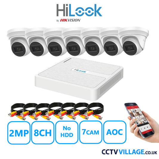 HiLook 2MP CCTV Kit 8 Channel DVR-108G-K1 with 7 Turret Cameras THC-T220-MS White NO HDD Full Kit