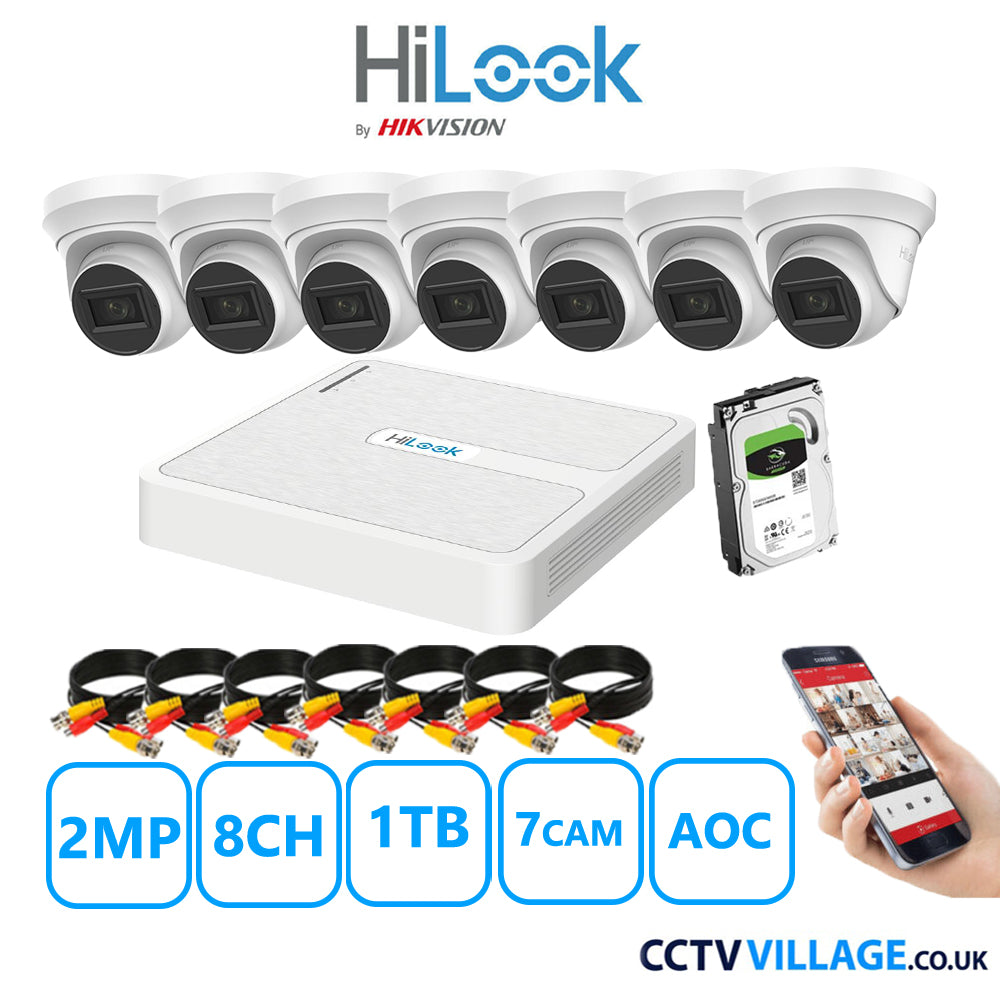 HiLook 2MP CCTV Kit 8 Channel DVR-108G-K1 with 7 Turret Cameras THC-T220-MS White 1TB HDD Full Kit