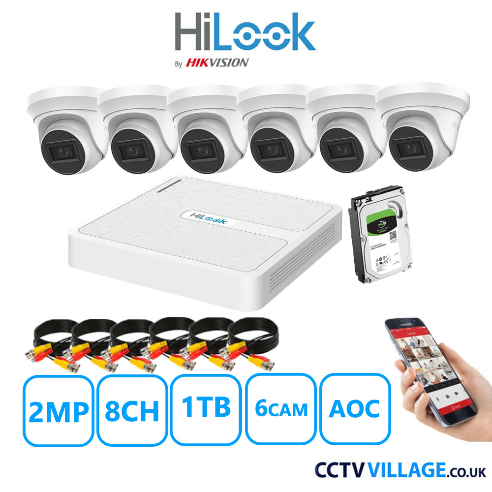 HiLook 2MP CCTV Kit 8 Channel DVR-108G-K1 with 6 Turret Cameras THC-T220-MS White 1TB HDD Full Kit