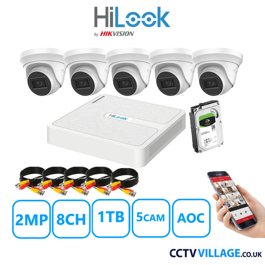 HiLook 2MP CCTV Kit 8 Channel DVR-108G-K1 with 5 Turret Cameras THC-T220-MS White 1TB HDD Full Kit