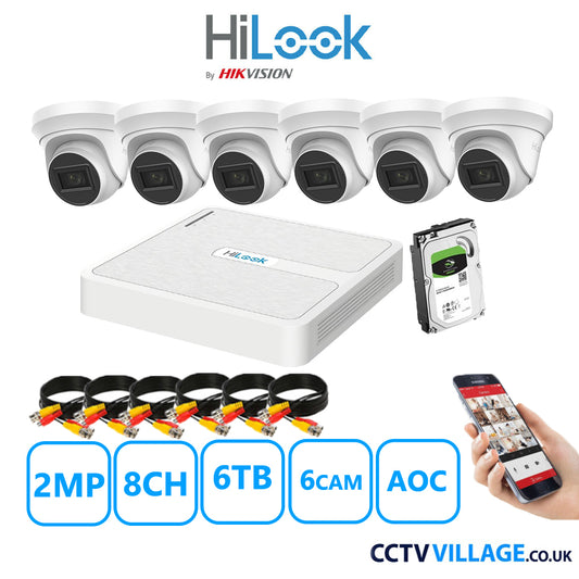 HiLook 2MP CCTV Kit 8 Channel DVR-108G-K1 with 6 Turret Cameras THC-T220-MS White 6TB HDD Full Kit