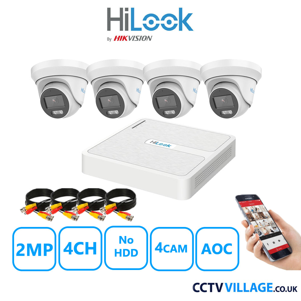 HiLook 2MP CCTV Kit 4 Channel DVR-104G-K1 with 4 Turret Cameras THC-T229-MS White NO HDD Full Kit