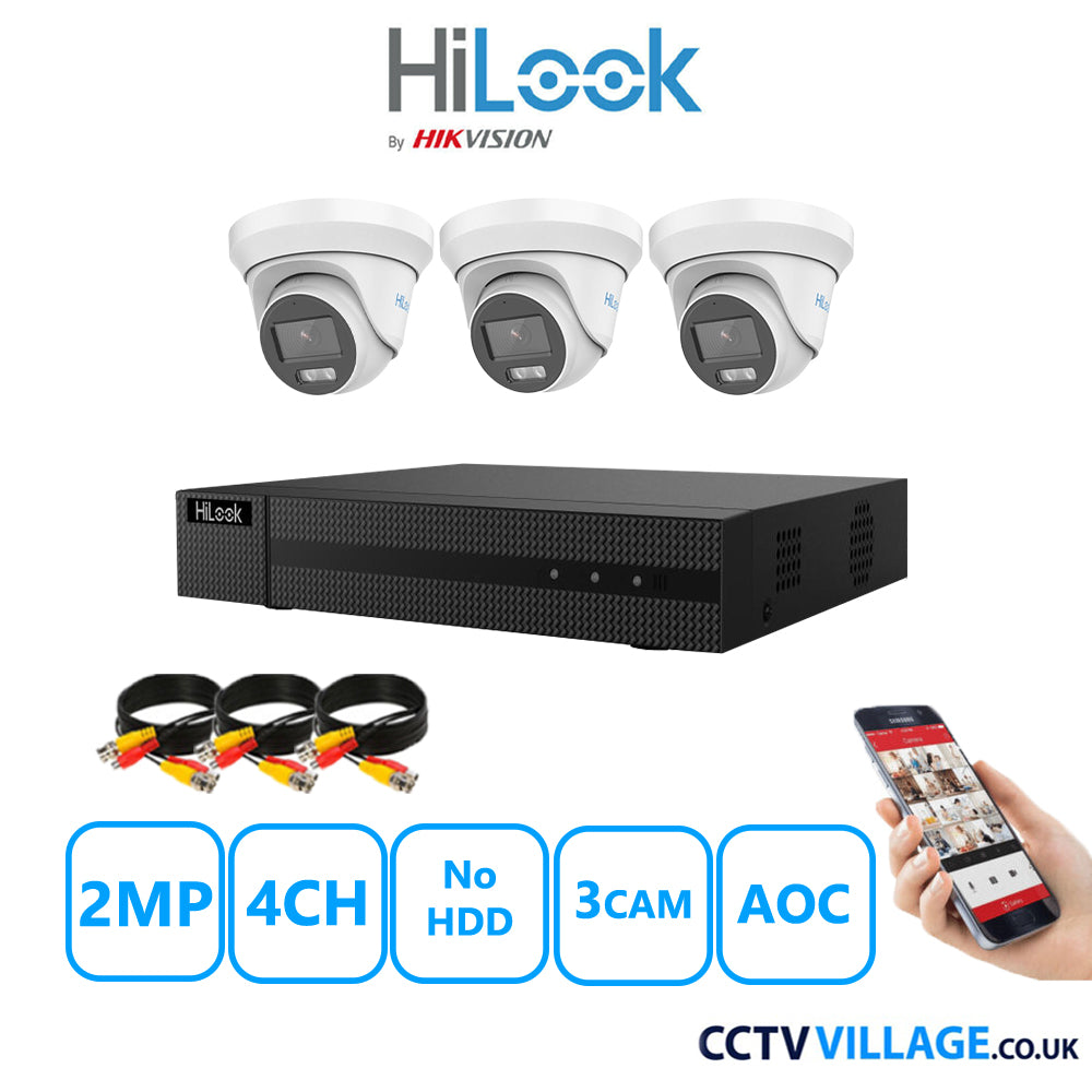 HiLook 2MP CCTV Kit 4 Channel DVR-204G-K1 with 3 Turret Cameras THC-T229-MS White No HDD Full Kit