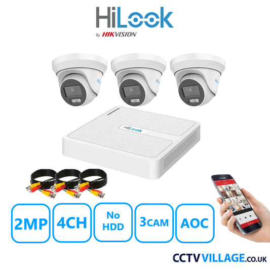 HiLook 2MP CCTV System 4 Channel DVR-104G-K1 with 3 Turret Cameras THC-T229-MS White NO HDD Full Kit