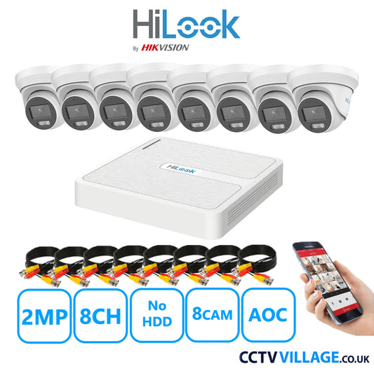 HiLook 2MP CCTV Kit 8 Channel DVR-108G-K1 with 8 Turret Cameras THC-T229-MS White No HDD Full Kit