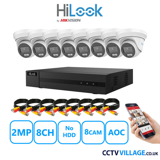 HiLook 2MP CCTV Kit 8 Channel DVR-208G-K1 with 8 Turret Cameras THC-T229-MS White No HDD Full Kit