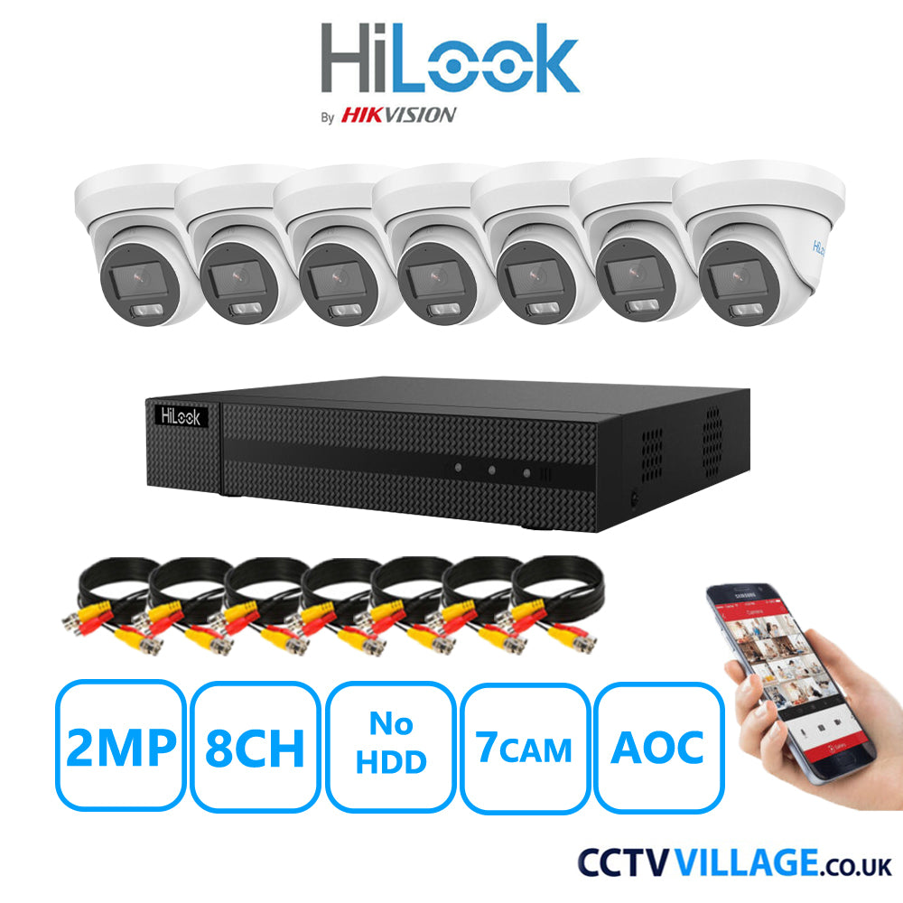 HiLook 2MP CCTV Kit 8 Channel DVR-208G-K1 with 7 Turret Cameras THC-T229-MS White No HDD Full Kit