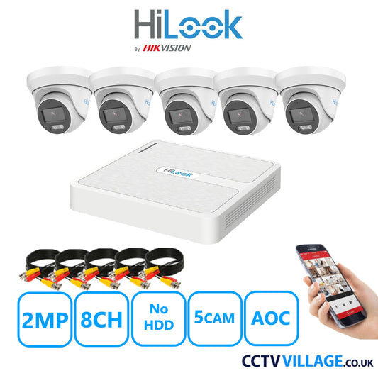 HiLook 2MP CCTV Kit 8 Channel DVR-108G-K1 with 5 Turret Cameras THC-T229-MS White No HDD Full Kit