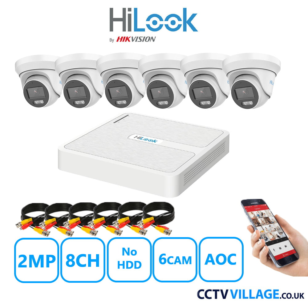 HiLook 2MP CCTV Kit 8 Channel DVR-108G-K1 with 6 Turret Cameras THC-T229-MS White No HDD Full Kit