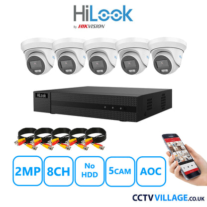 HiLook 2MP CCTV System 8 Channel DVR-208G-K1 with 5 Turret Cameras THC-T229-MS White No HDD Full Kit