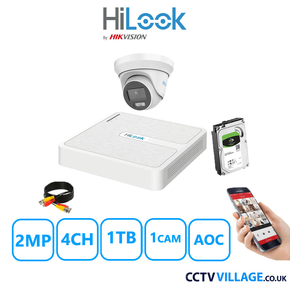 HiLook 2MP CCTV Kit 4 Channel DVR-104G-K1 with 1 Turret Camera THC-T229-MS White 1TB HDD Full Kit