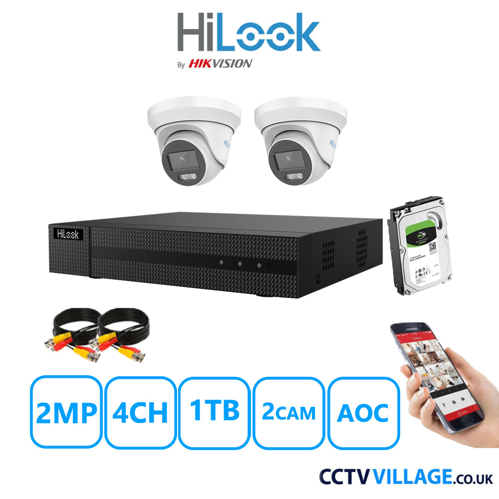 HiLook 2MP CCTV Kit 4 Channel DVR-204G-K1 with 2 Turret Cameras THC-T229-MS White 1TB HDD Full Kit