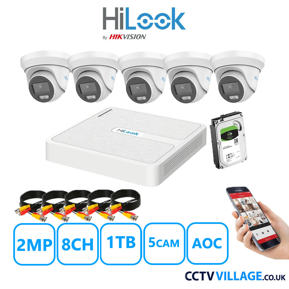 HiLook 2MP CCTV Kit 8 Channel DVR-108G-K1 with 5 Turret Cameras THC-T229-MS White 1TB HDD Full Kit