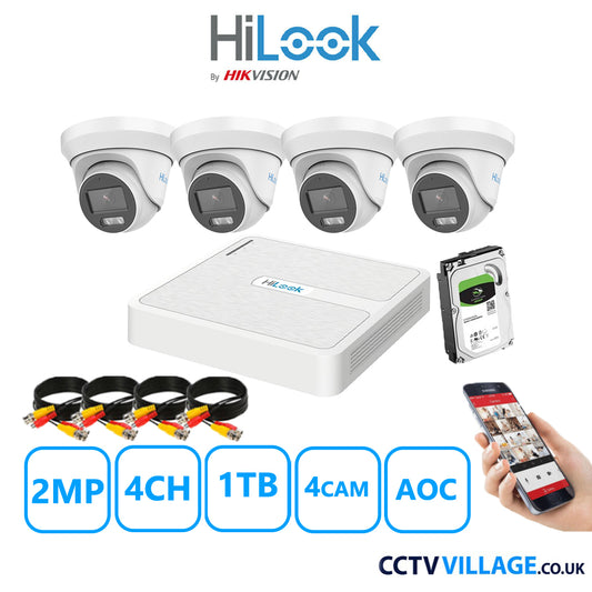 HiLook 2MP CCTV System 4 Channel DVR-104G-K1 with 4 Turret Cameras THC-T229-MS White 1TB HDD Full Kit