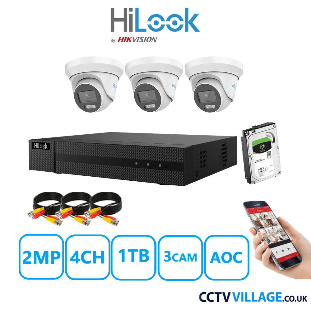 HiLook 2MP CCTV Kit 4 Channel DVR-204G-K1 with 3 Turret Cameras THC-T229-MS White 1TB HDD Full Kit